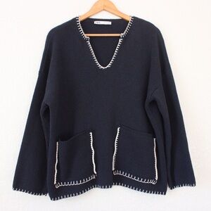 Zara Navy Whipstitch V-Neck Sweater